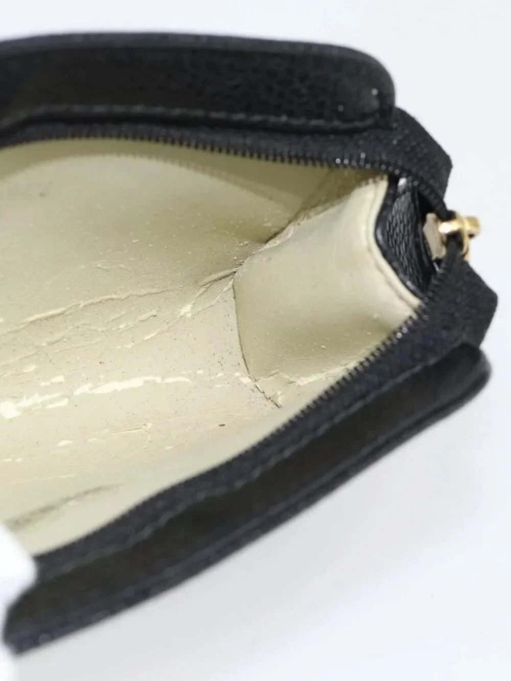 CHANEL COCO Mark Pouch Grained Calf Skin Black Gold CC Auth 181481